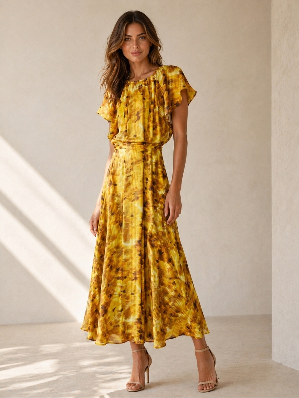 Veronika Maine Daisy Georgette Midi Dress Size 10 Yellow Floral Flutter Sleeve